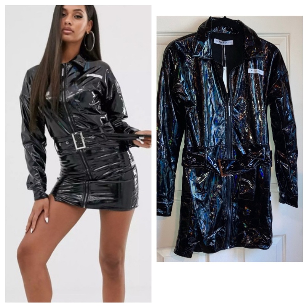 NWT MMMI Brand Holographic Oil Slick Black Belted Reflective Patent Dress sz S